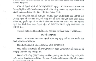 Quyết định 25/QĐ-BVSN V/v ban hành Quy chế kê đơn thuốc của Bệnh viện Sản - Nhi tỉnh.